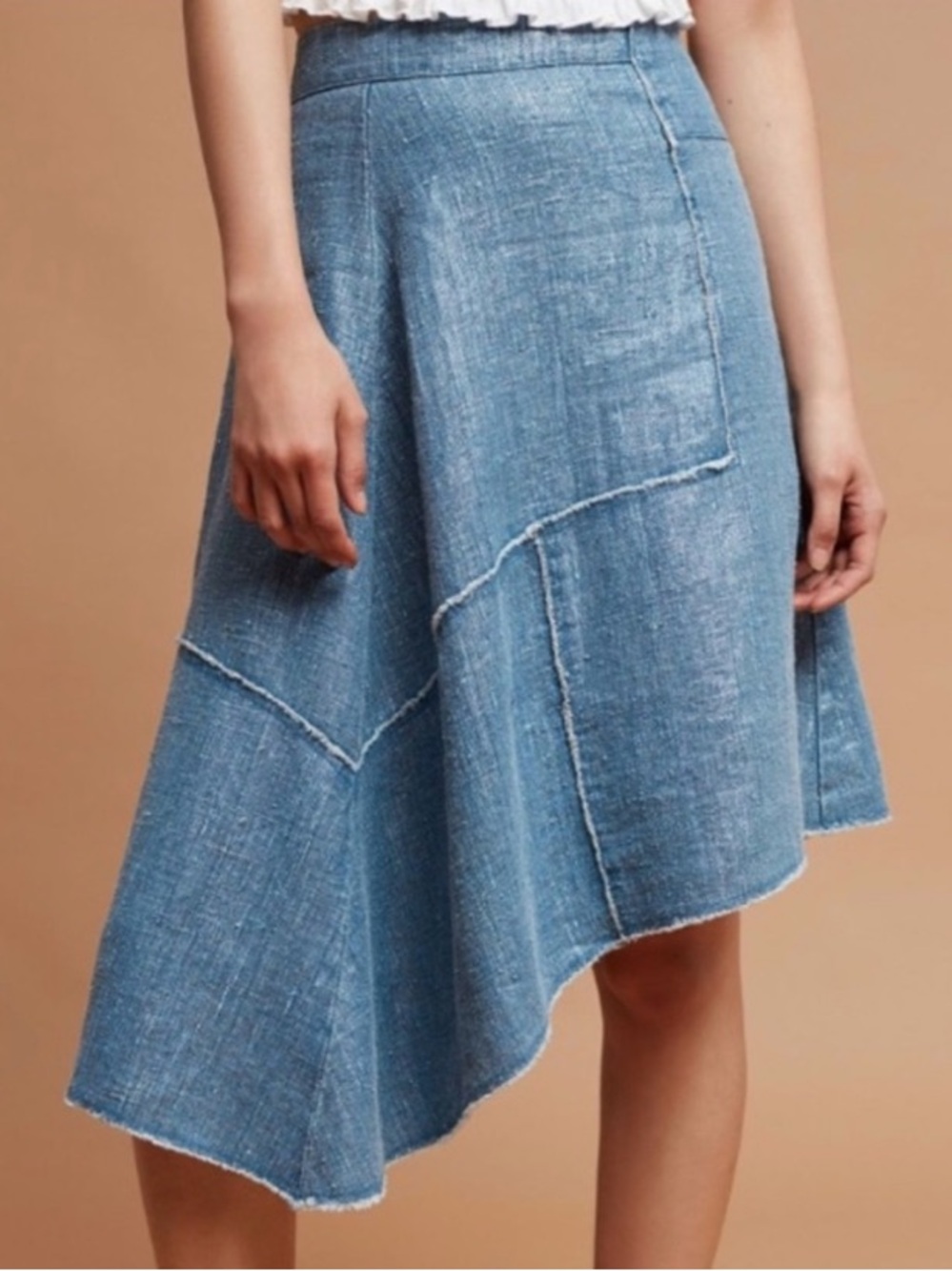 Pilcro Anthropologie Asymmetric Skirt Denim Frayed Linen Country Rodeo Size 6